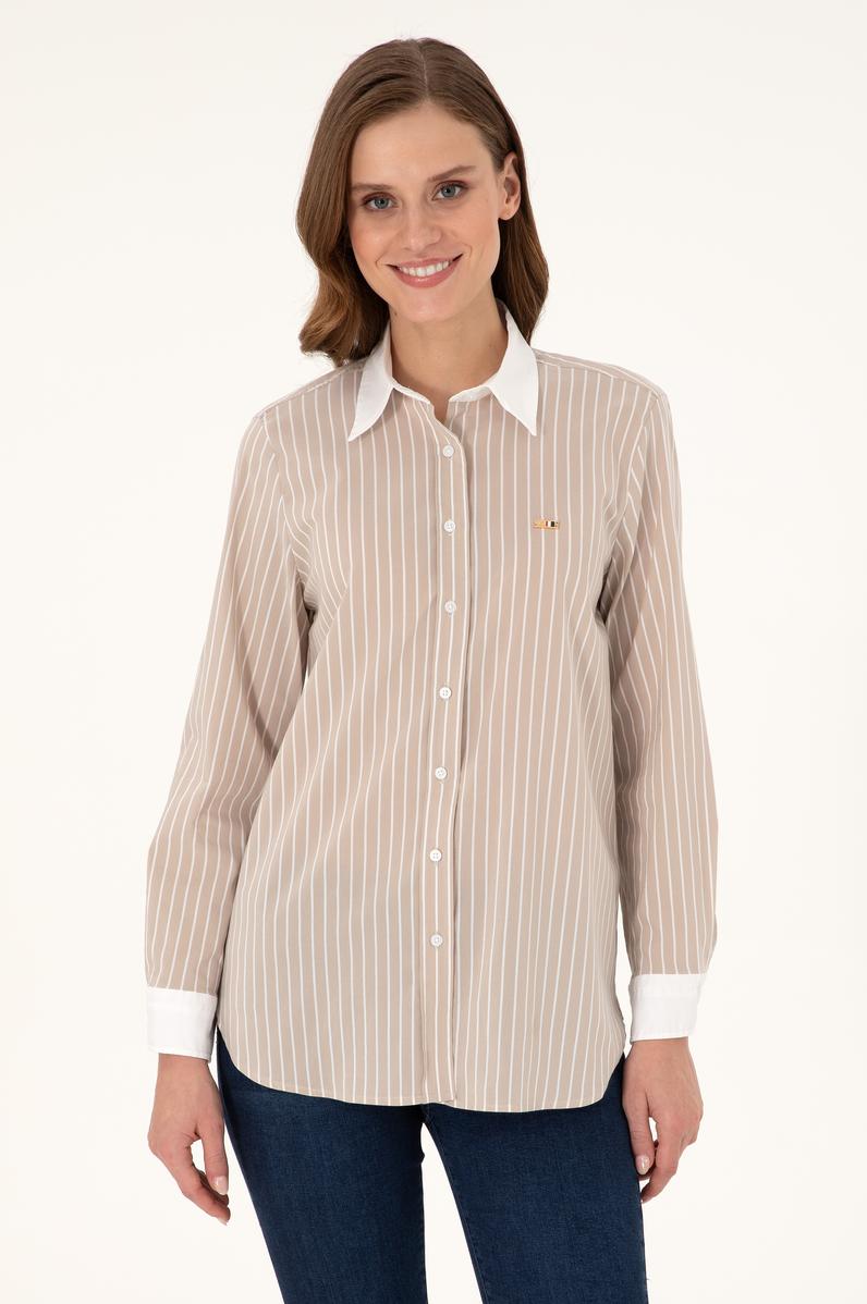 Kadın Kum Çizgili Uzun Kollu Tunik Gömlek