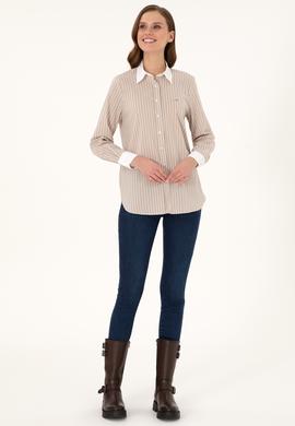 Kadın Kum Çizgili Uzun Kollu Tunik Gömlek - 50297107013
