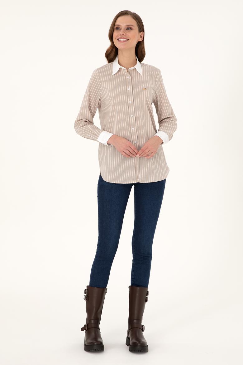 Kadın Kum Çizgili Uzun Kollu Tunik Gömlek - 50297107013