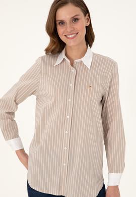 Kadın Kum Çizgili Uzun Kollu Tunik Gömlek - 50297107013
