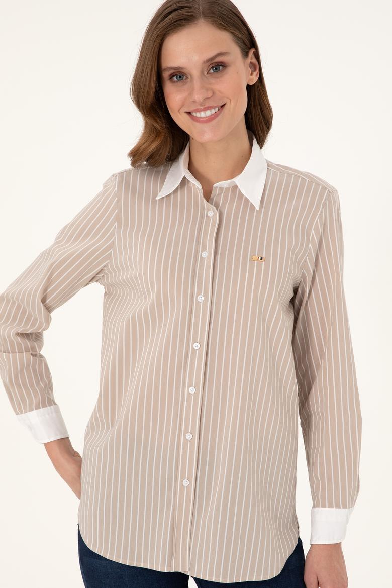 Kadın Kum Çizgili Uzun Kollu Tunik Gömlek - 50297107013
