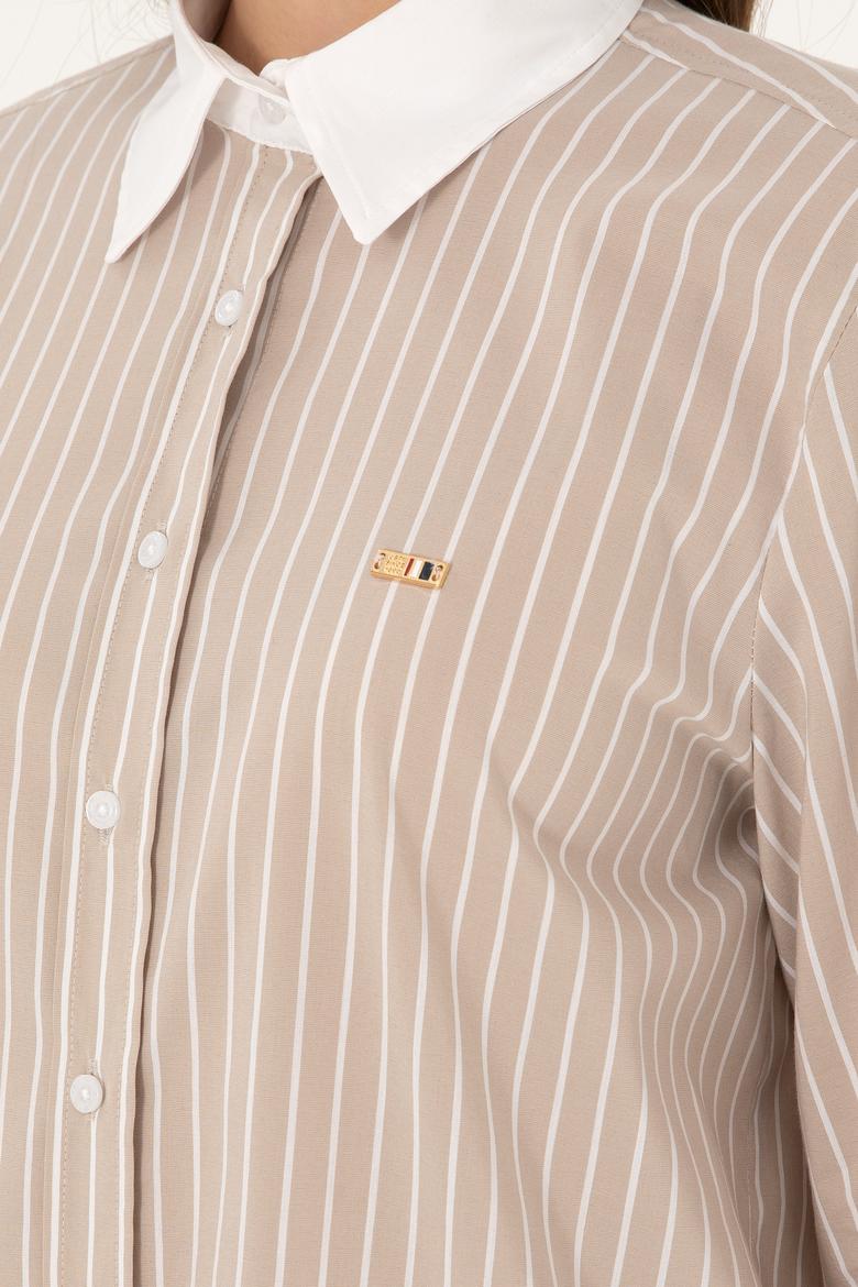 Kadın Kum Çizgili Uzun Kollu Tunik Gömlek - 50297107013