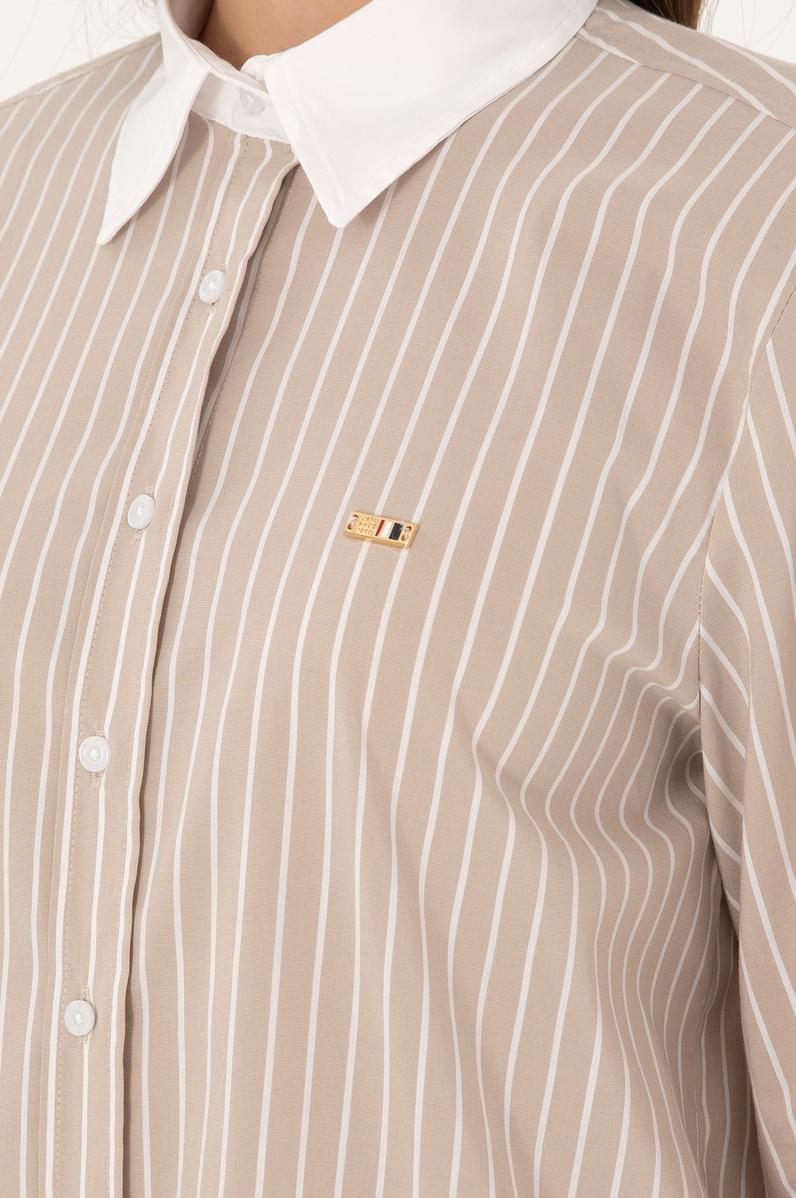 Kadın Kum Çizgili Uzun Kollu Tunik Gömlek