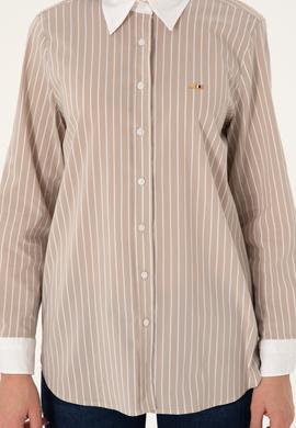 Kadın Kum Çizgili Uzun Kollu Tunik Gömlek - 50297107013