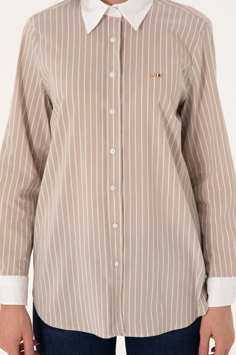 Kadın Kum Çizgili Uzun Kollu Tunik Gömlek - 50297107013