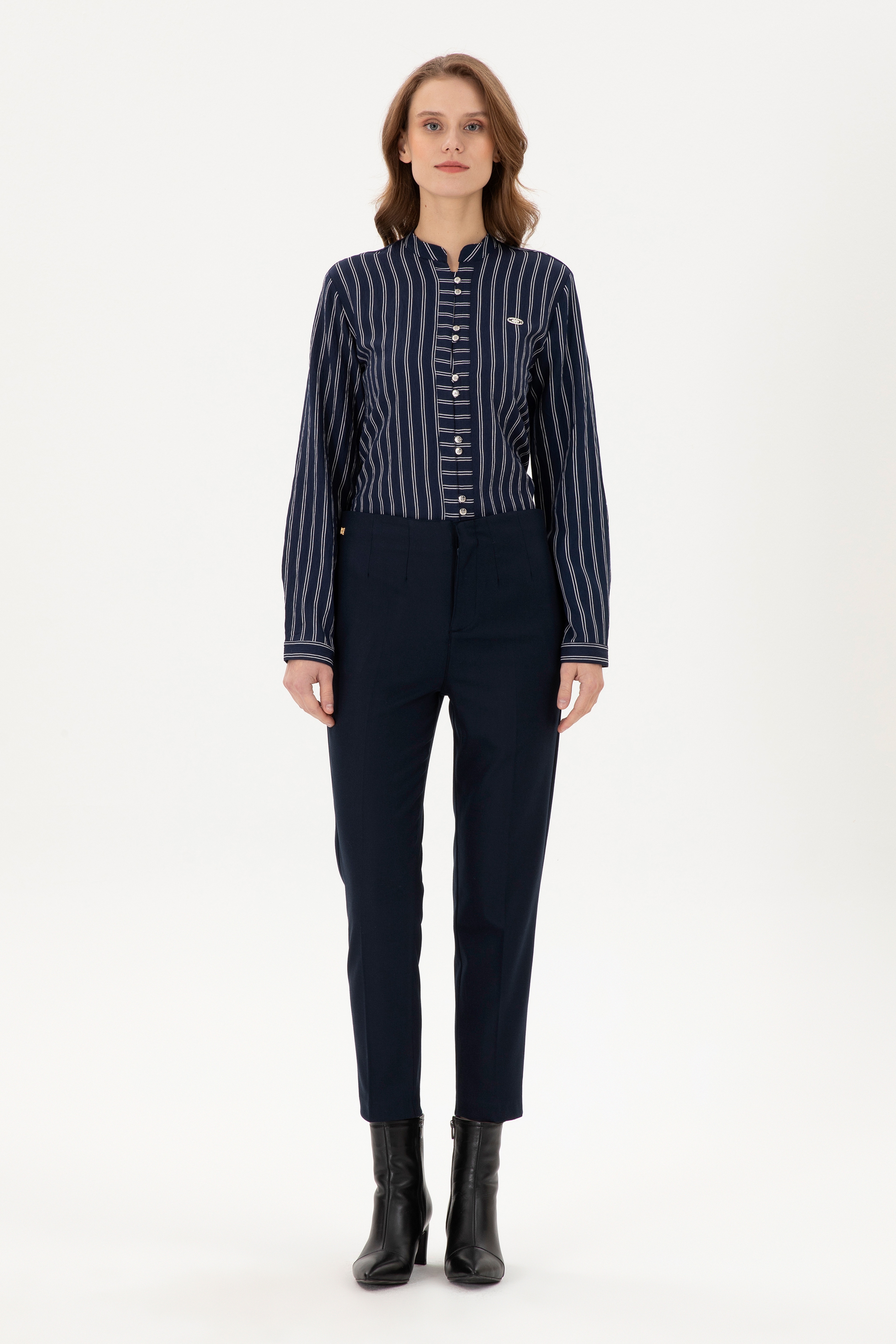 Kadın Lacivert Carrot High Waist Fit Kanvas Pantolon - Image 1