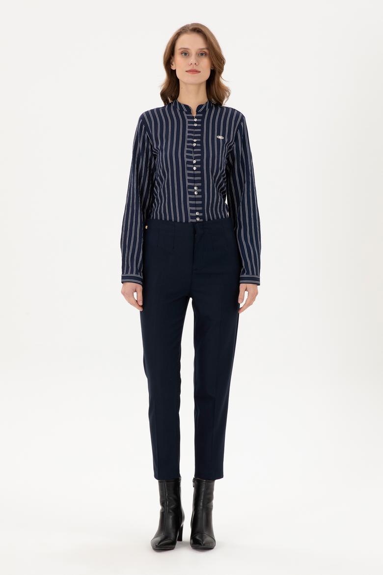 Kadın Lacivert Carrot High Waist Fit Kanvas Pantolon