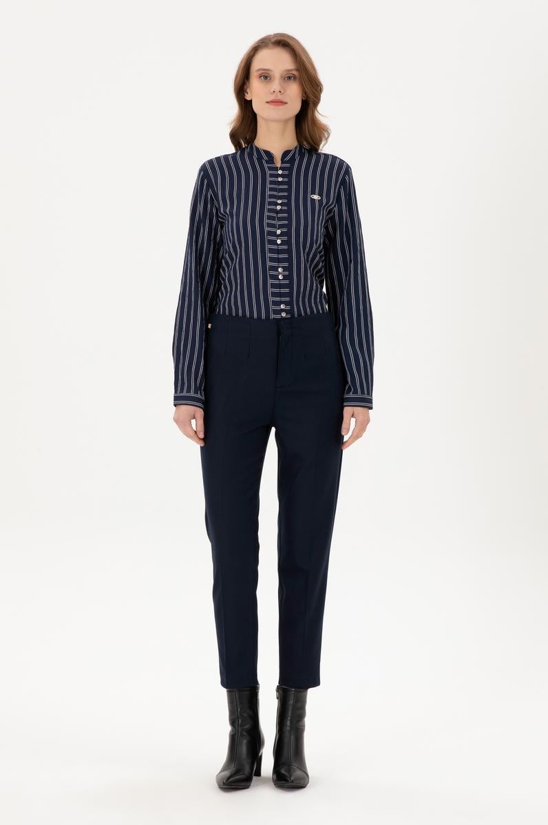 Kadın Lacivert Carrot High Waist Fit Kanvas Pantolon