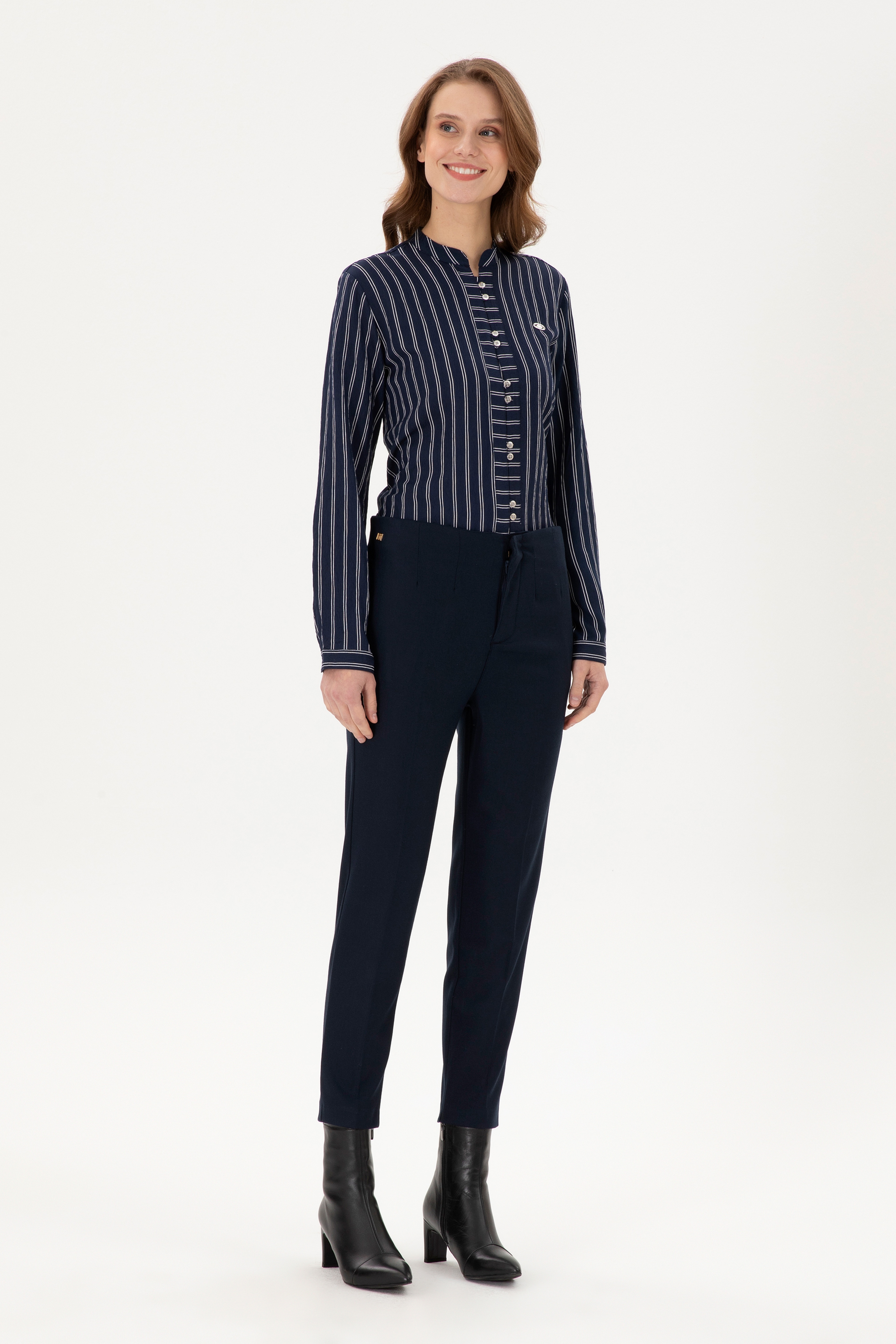Kadın Lacivert Carrot High Waist Fit Kanvas Pantolon - Image 3