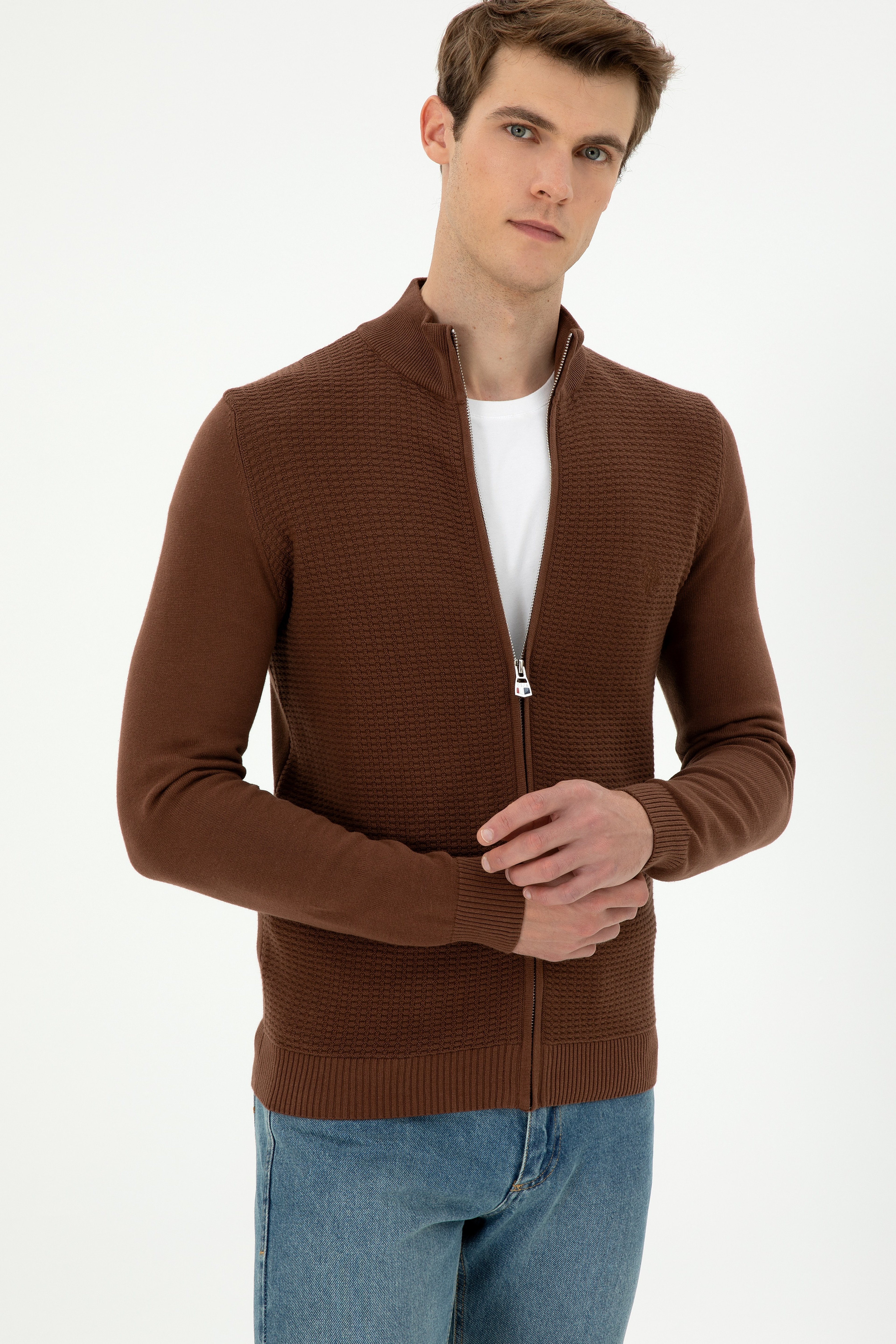 Erkek Kahverengi Basic Triko Hırka - Image 3