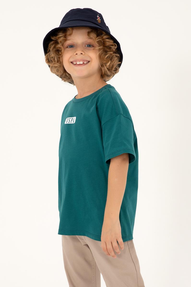 Erkek Çocuk Koyu Yeşil Oversize Bisiklet Yaka Tişört