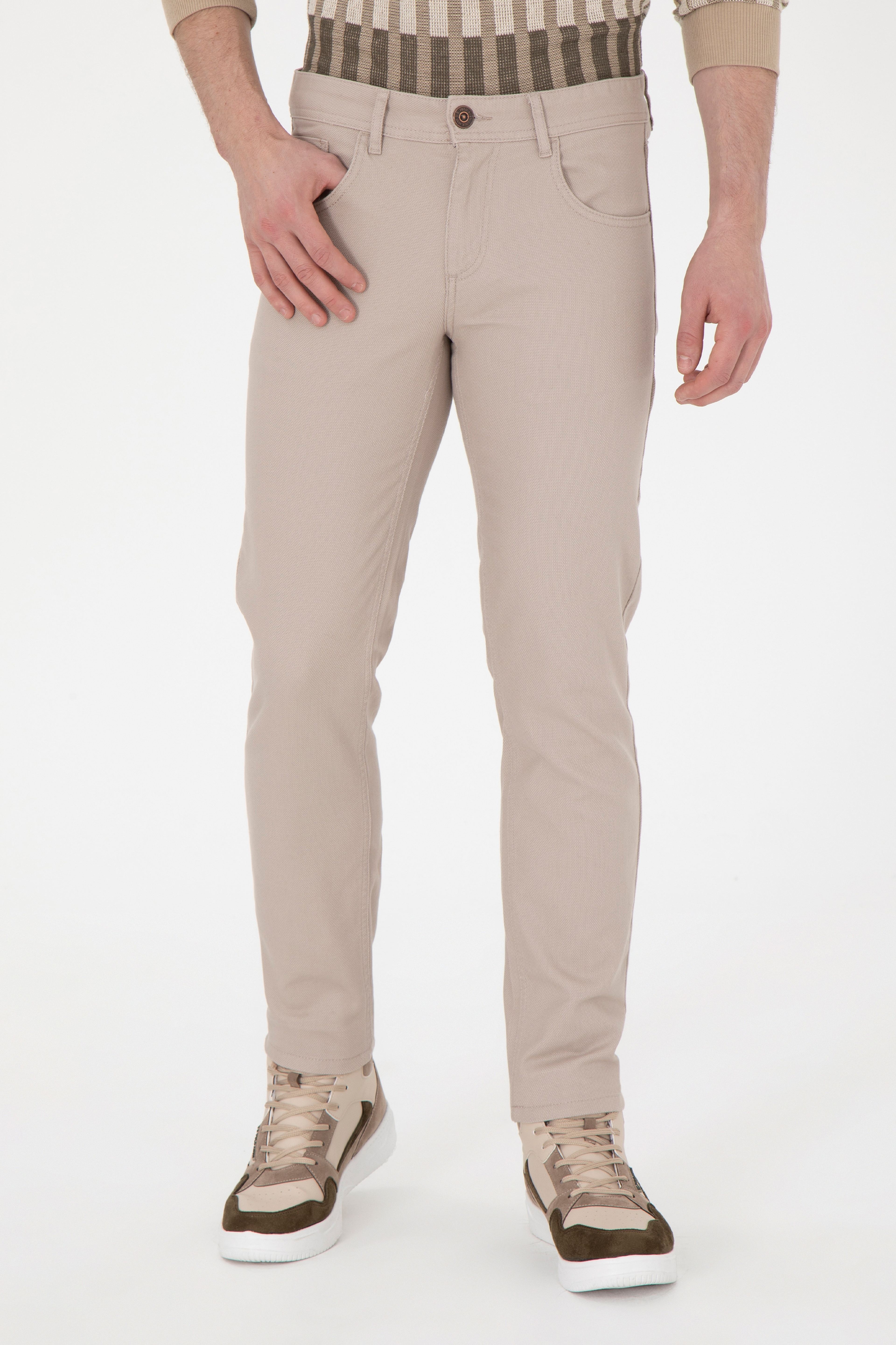 Erkek Slim Fit Koyu Bej Kanvas Pantolon