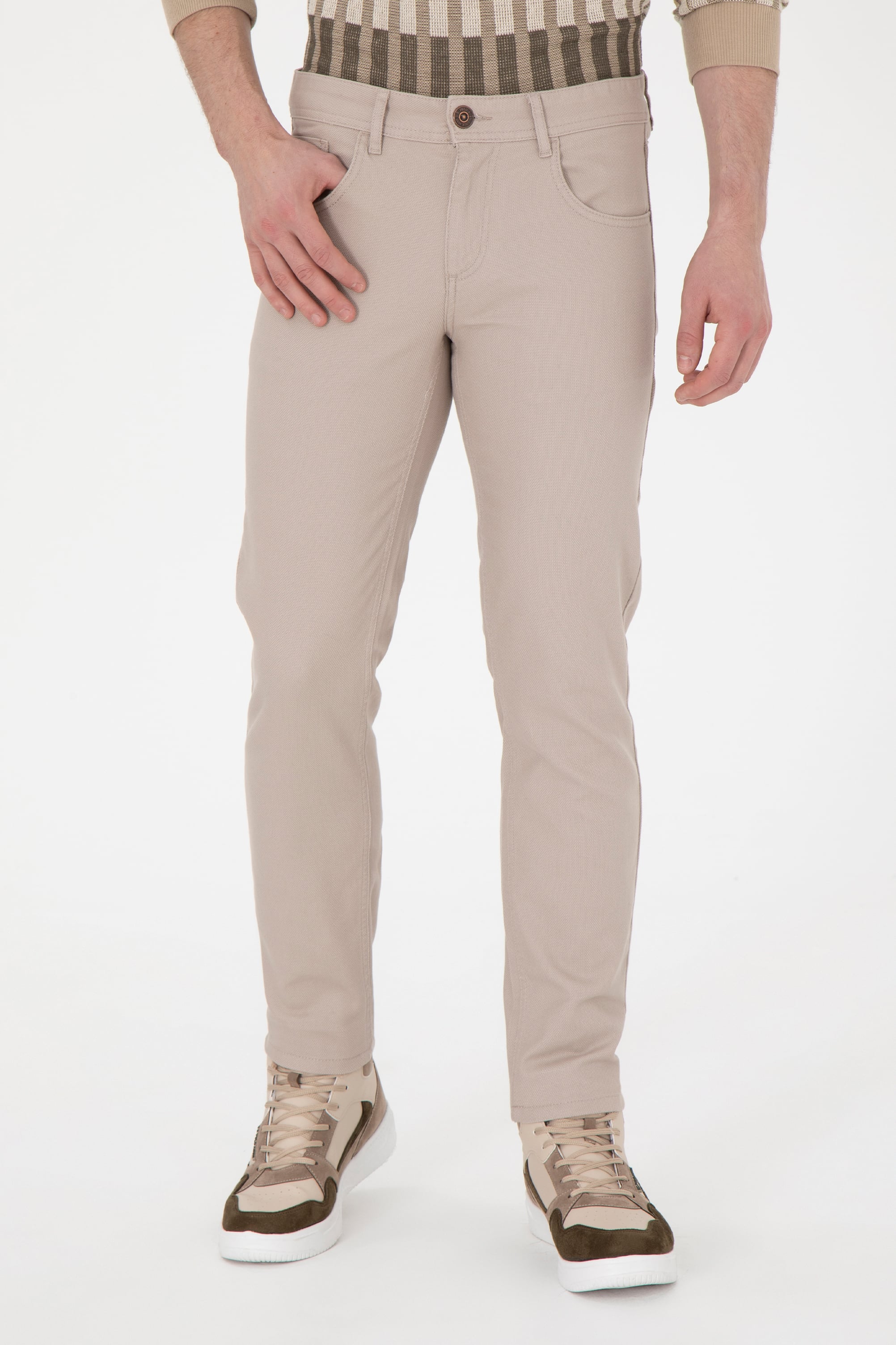Erkek Slim Fit Koyu Bej Kanvas Pantolon