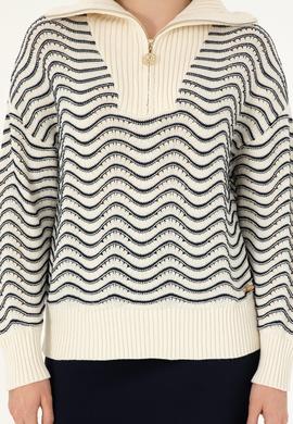 Kadın Krem V Yaka Fermuarlı Kazak - 50293035015