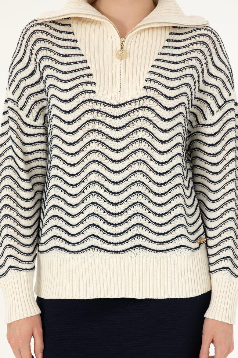 Kadın Krem V Yaka Fermuarlı Kazak - 50293035015