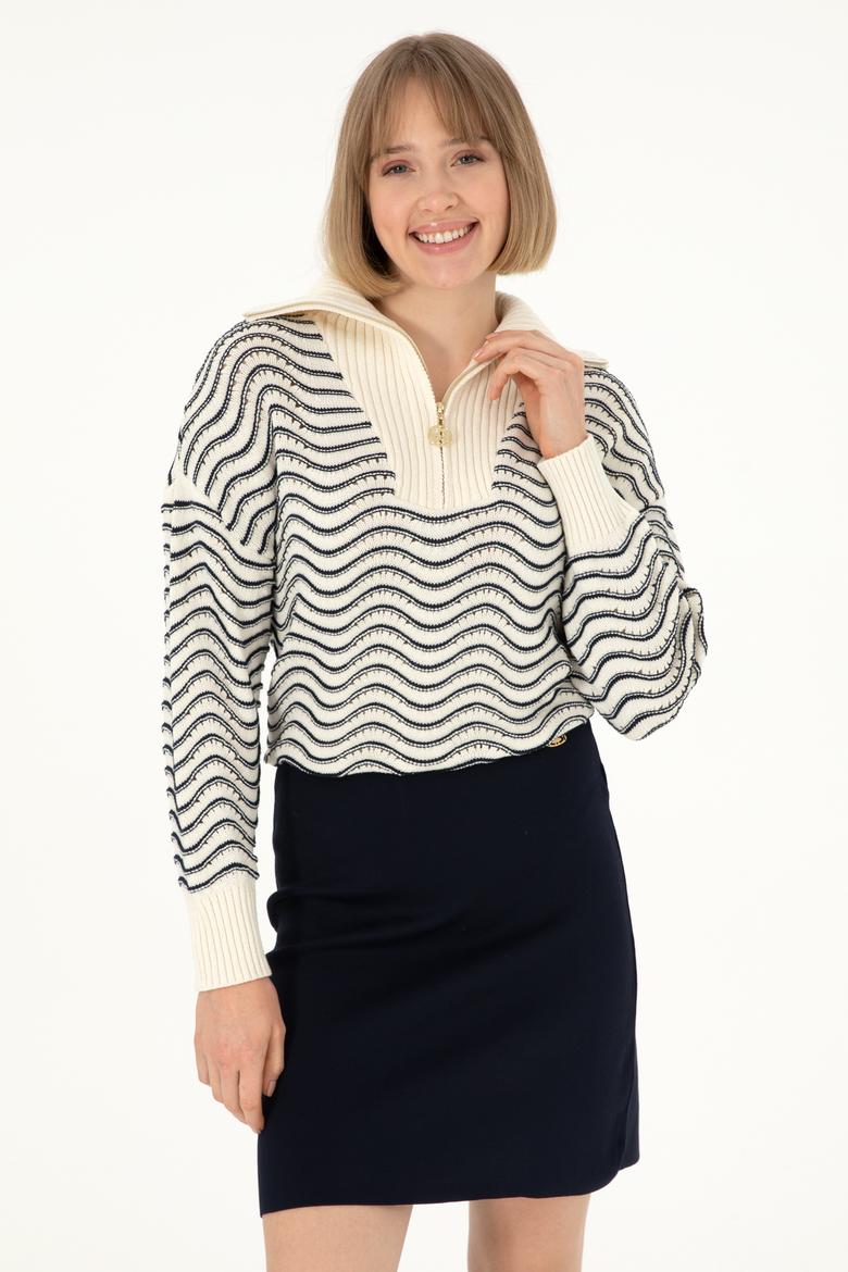 Kadın Krem V Yaka Fermuarlı Kazak - 50293035015