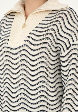 Kadın Krem V Yaka Fermuarlı Kazak - 50293035015