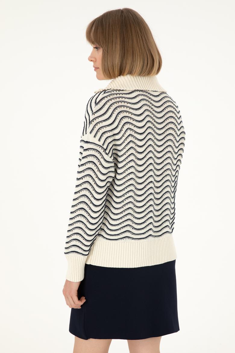 Kadın Krem V Yaka Fermuarlı Kazak - 50293035015