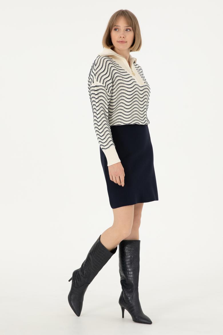 Kadın Krem V Yaka Fermuarlı Kazak - 50293035015