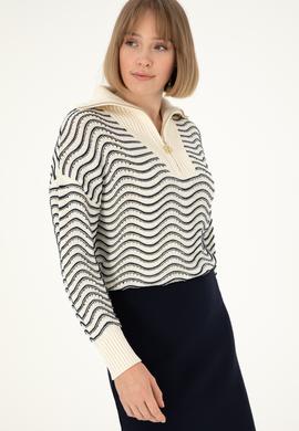 Kadın Krem V Yaka Fermuarlı Kazak - 50293035015