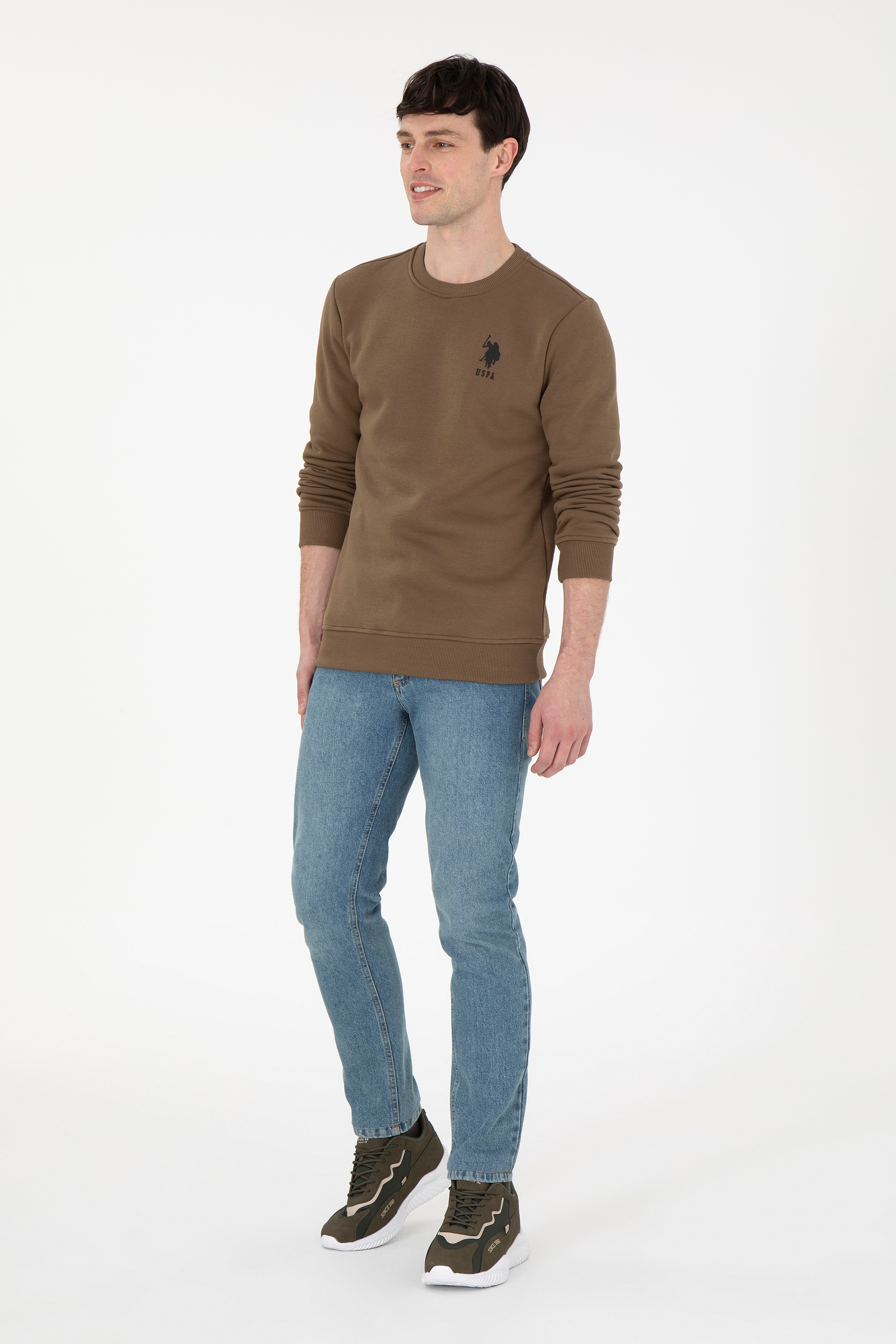 Erkek Regular Fit Bisiklet Yaka Haki Sweatshirt - Image 4