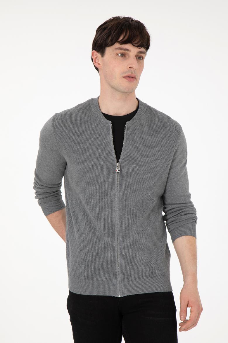 Erkek Gri Melanj Basic Triko Hırka - 50288870063