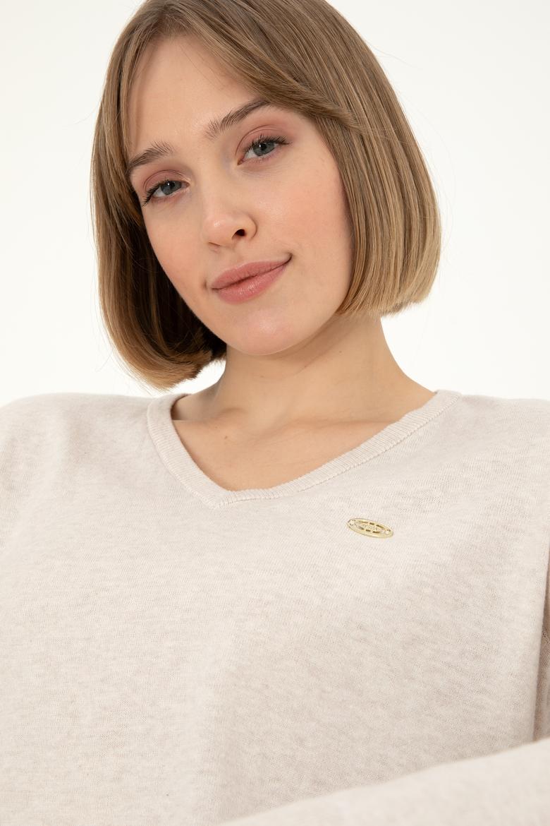 Kadın Krem Melanj V Yaka Basic Kazak - 50288973046