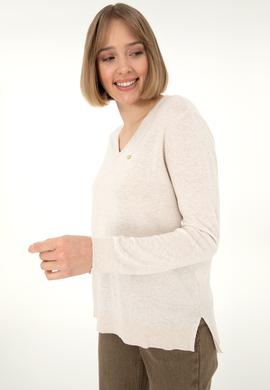 Kadın Krem Melanj V Yaka Basic Kazak - 50288973046