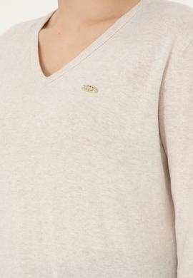 Kadın Krem Melanj V Yaka Basic Kazak - 50288973046