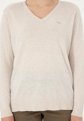 Kadın Krem Melanj V Yaka Basic Kazak - 50288973046