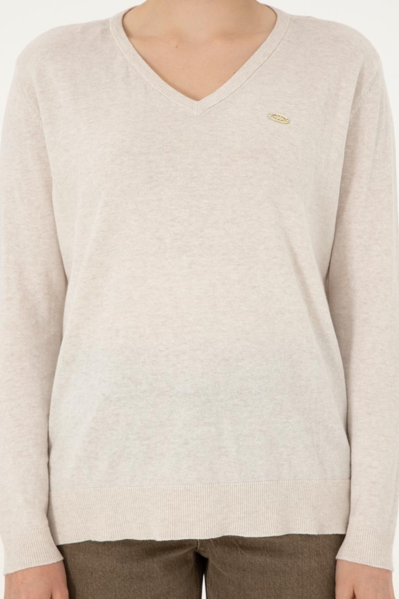 Kadın Krem Melanj V Yaka Basic Kazak - 50288973046