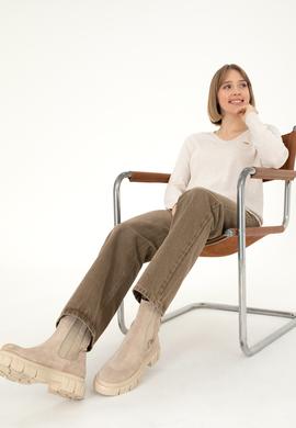 Kadın Krem Melanj V Yaka Basic Kazak - 50288973046