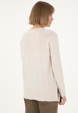 Kadın Krem Melanj V Yaka Basic Kazak - 50288973046