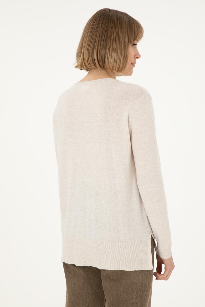 Kadın Krem Melanj V Yaka Basic Kazak - 50288973046