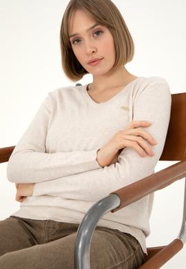 Kadın Krem Melanj V Yaka Basic Kazak - 50288973046