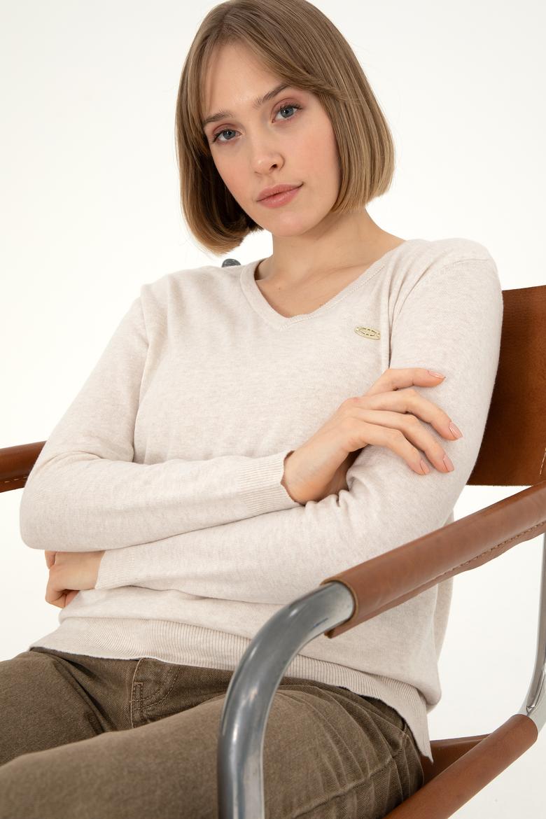 Kadın Krem Melanj V Yaka Basic Kazak - 50288973046