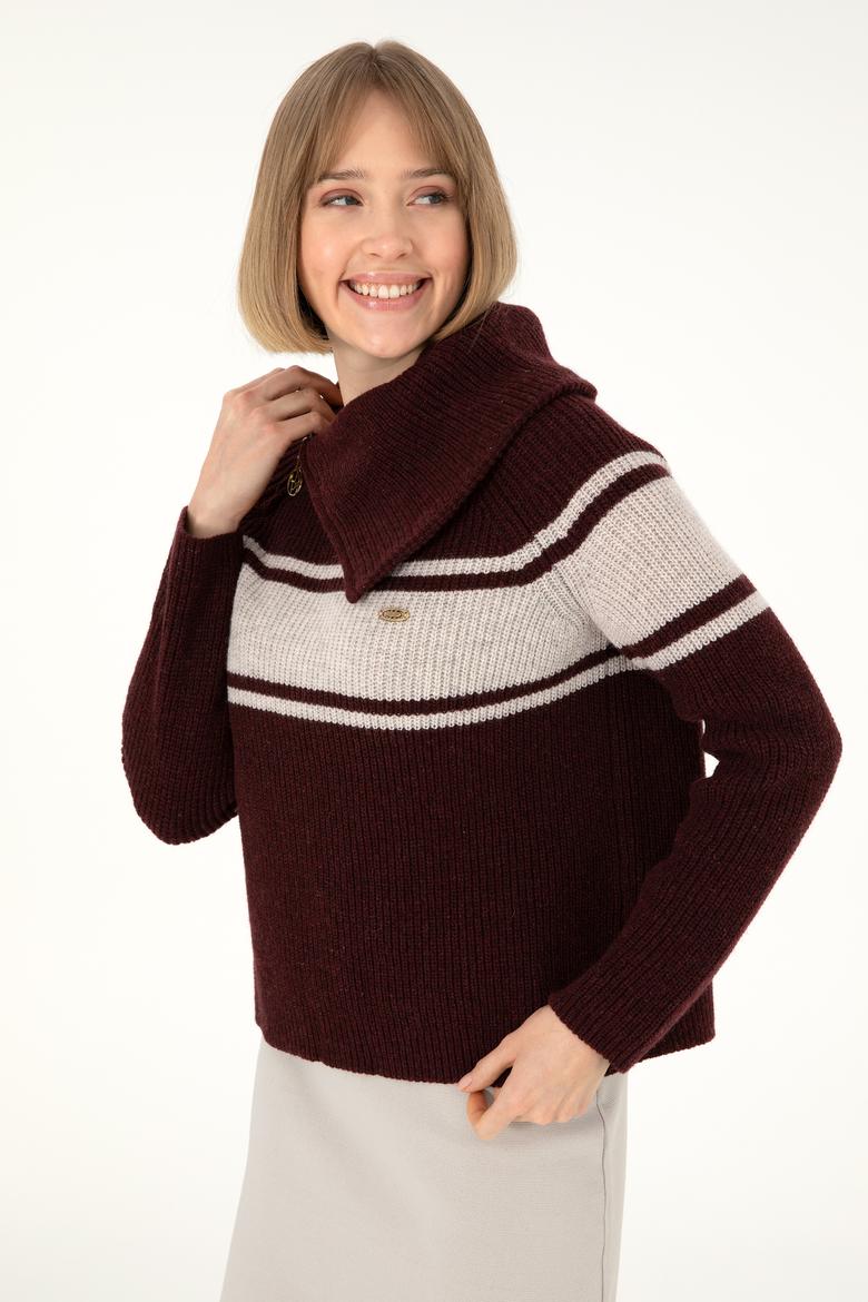 Kadın Bordo V Yaka Kazak