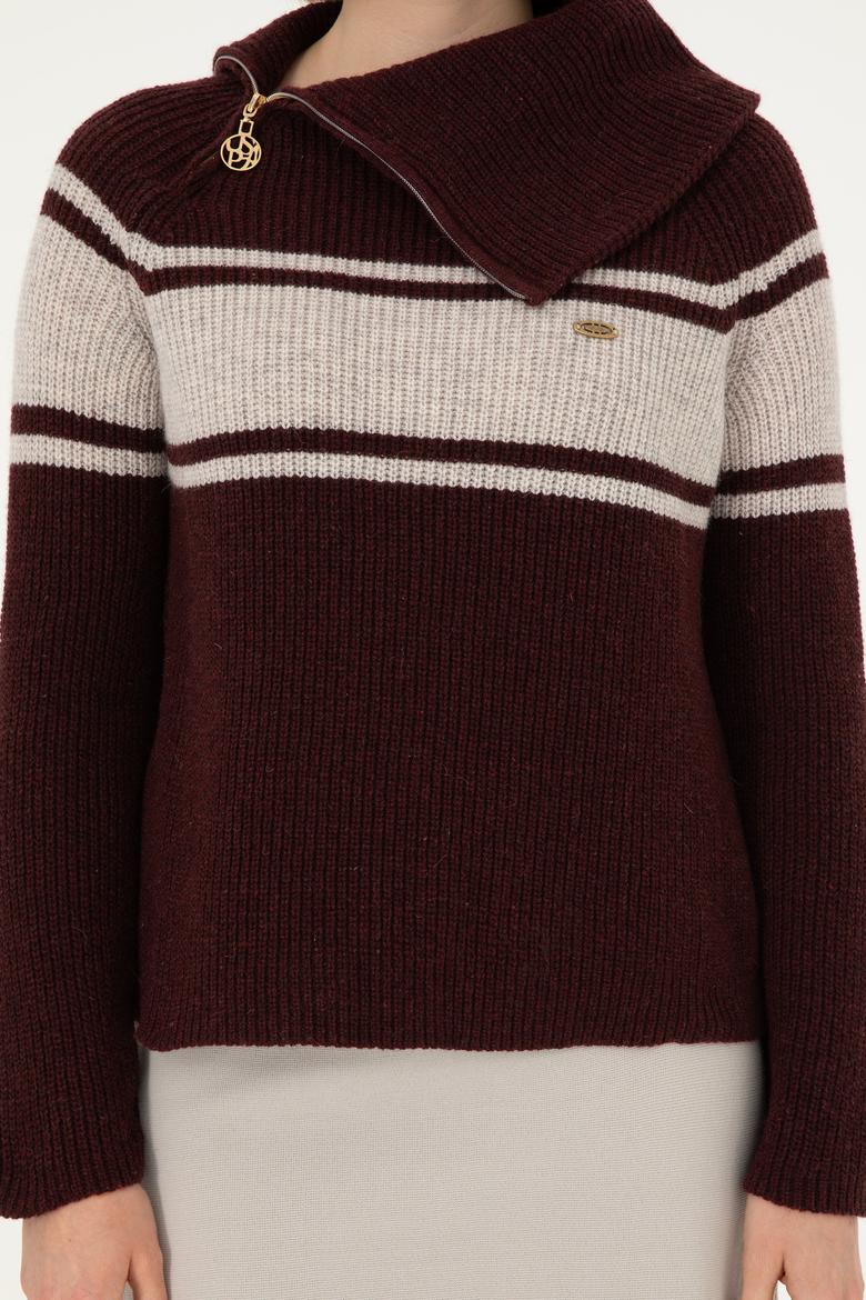 Kadın Bordo V Yaka Kazak - 50293133023