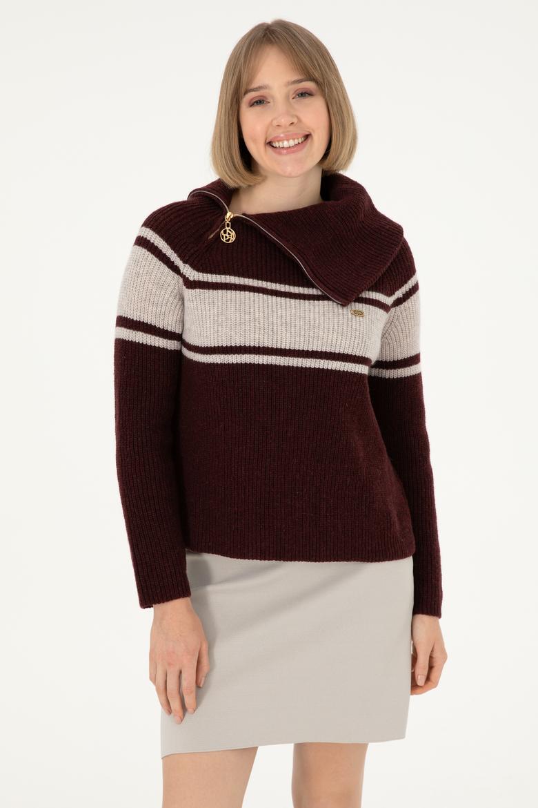 Kadın Bordo V Yaka Kazak - 50293133023