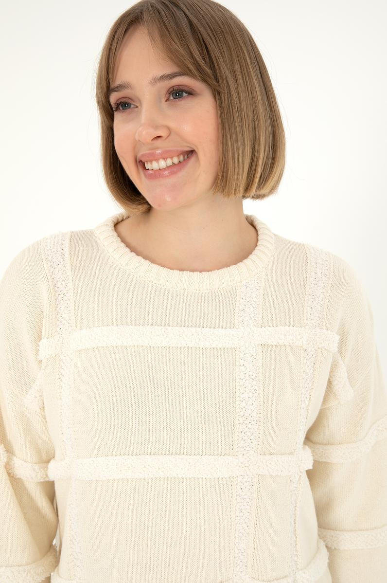 Kadın Krem Bisiklet Yaka Kazak