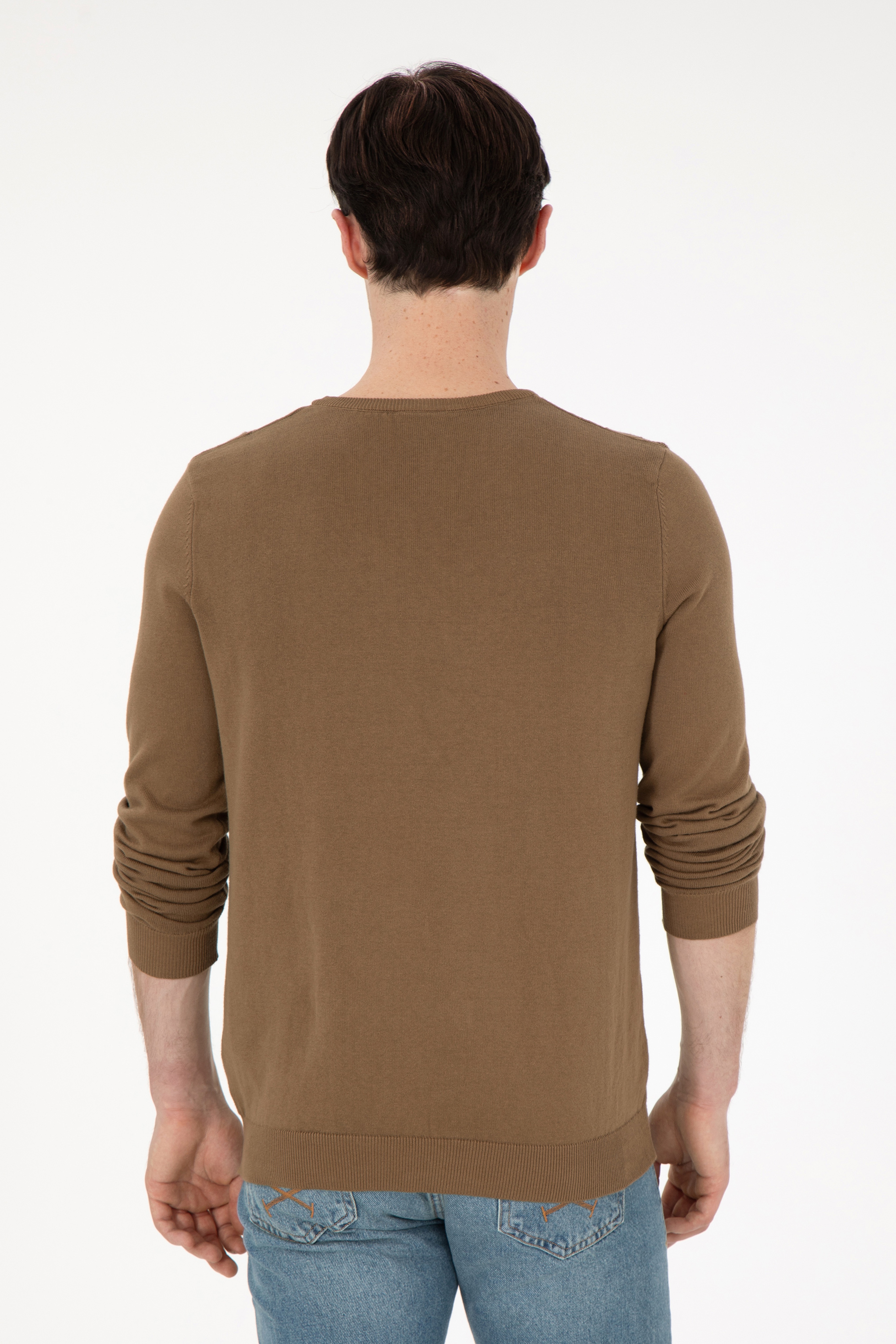 Erkek Slim Fit Bisiklet Yaka Haki Basic Kazak - Image 5