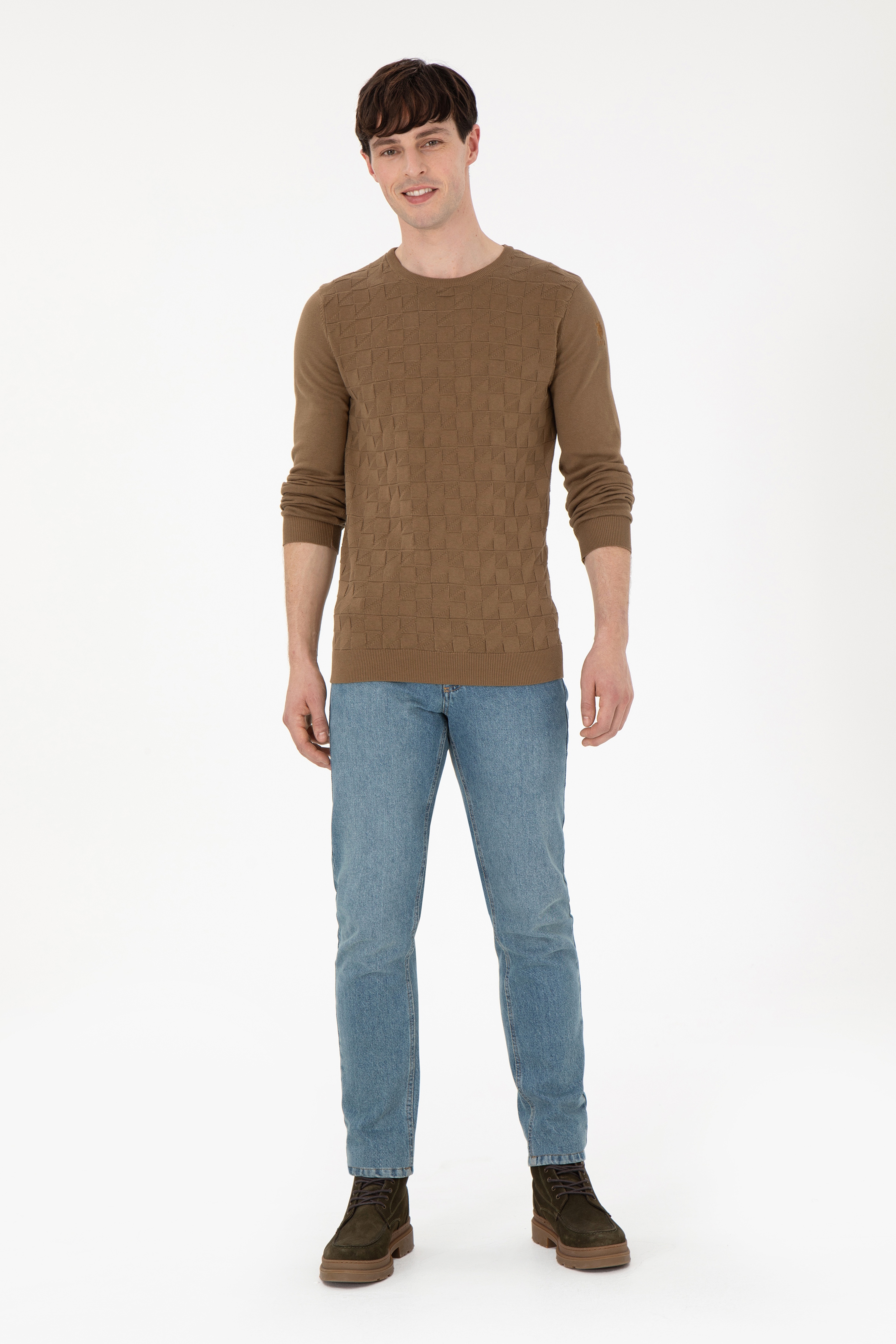 Erkek Slim Fit Bisiklet Yaka Haki Basic Kazak