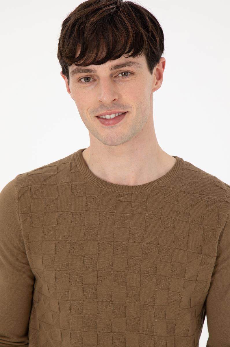 Erkek Slim Fit Bisiklet Yaka Haki Basic Kazak