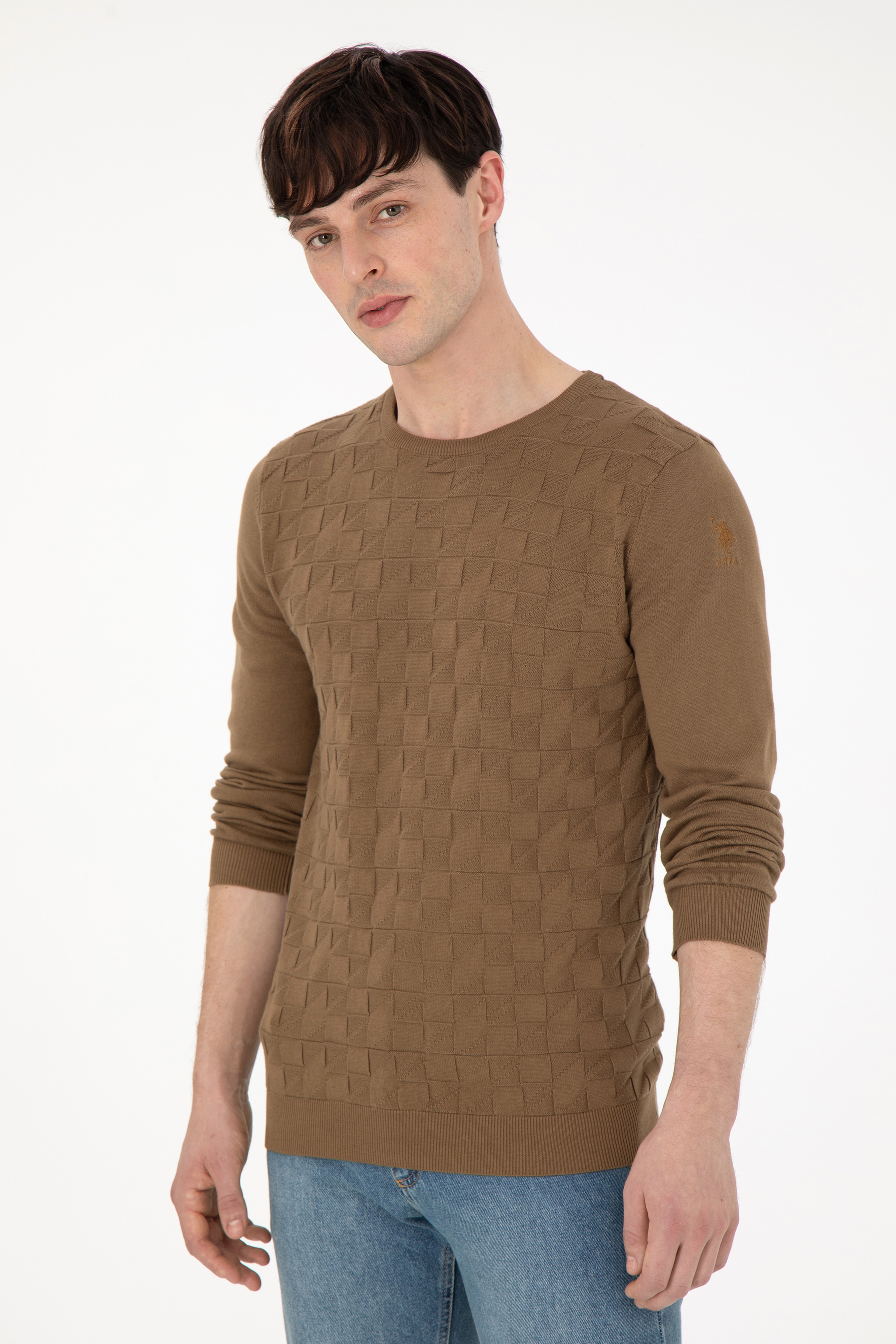 Erkek Slim Fit Bisiklet Yaka Haki Basic Kazak