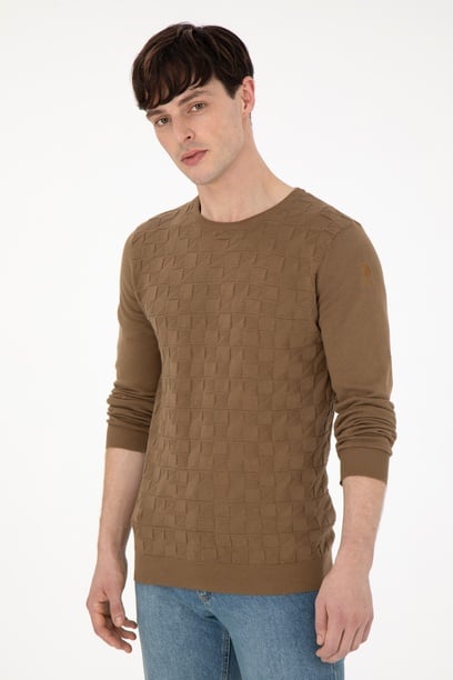 Erkek Slim Fit Bisiklet Yaka Haki Basic Kazak