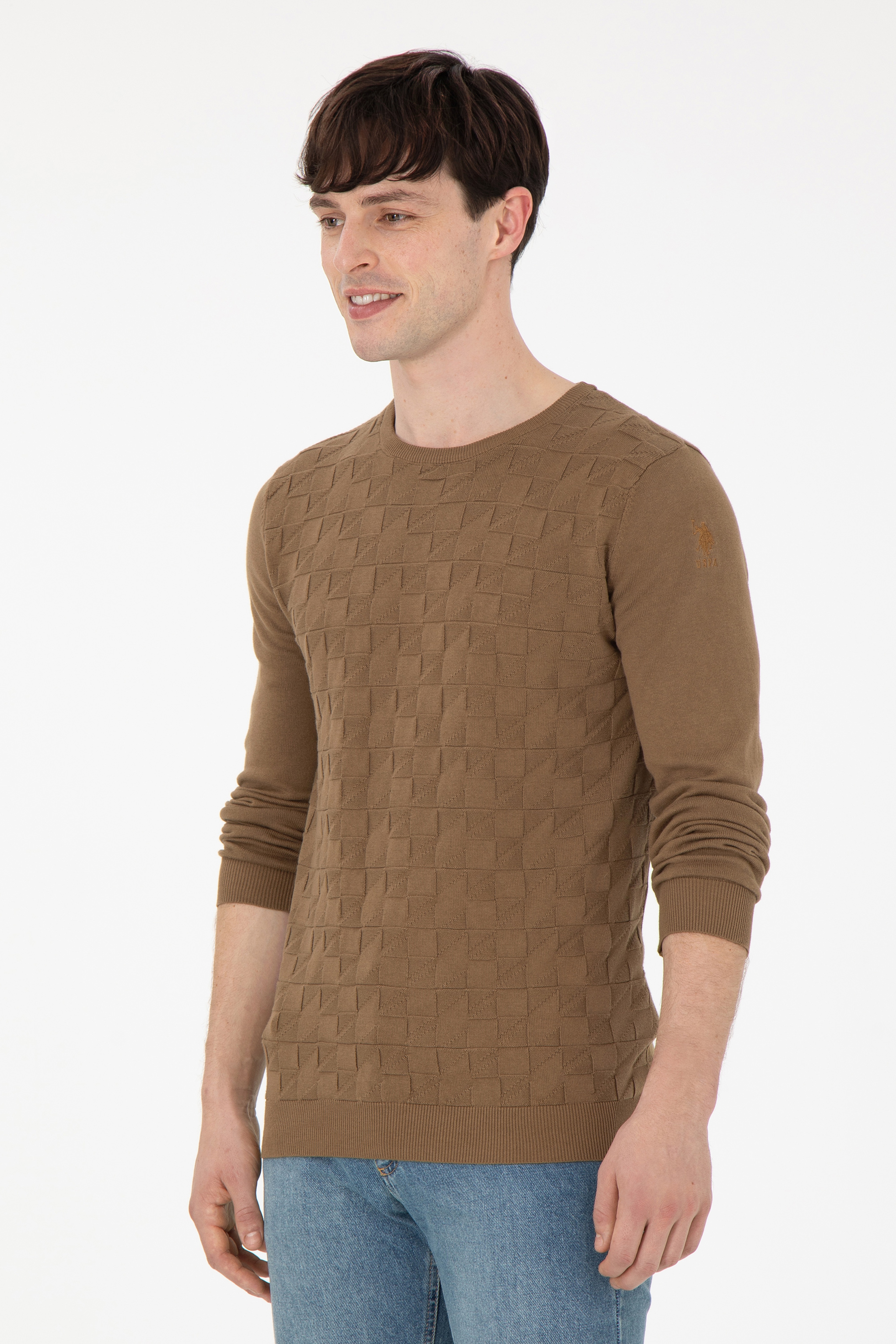 Erkek Slim Fit Bisiklet Yaka Haki Basic Kazak - Image 1