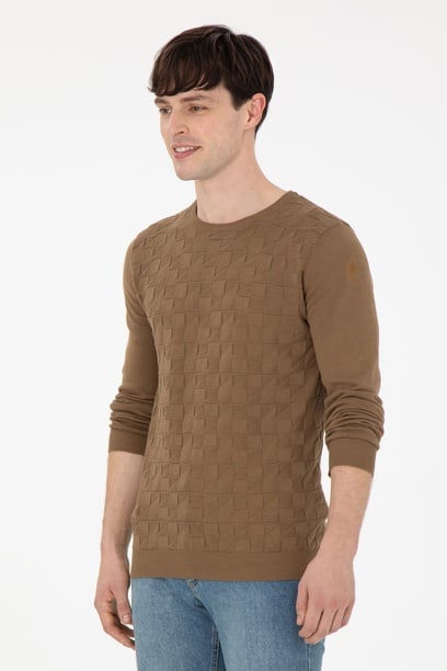 Erkek Slim Fit Bisiklet Yaka Haki Basic Kazak