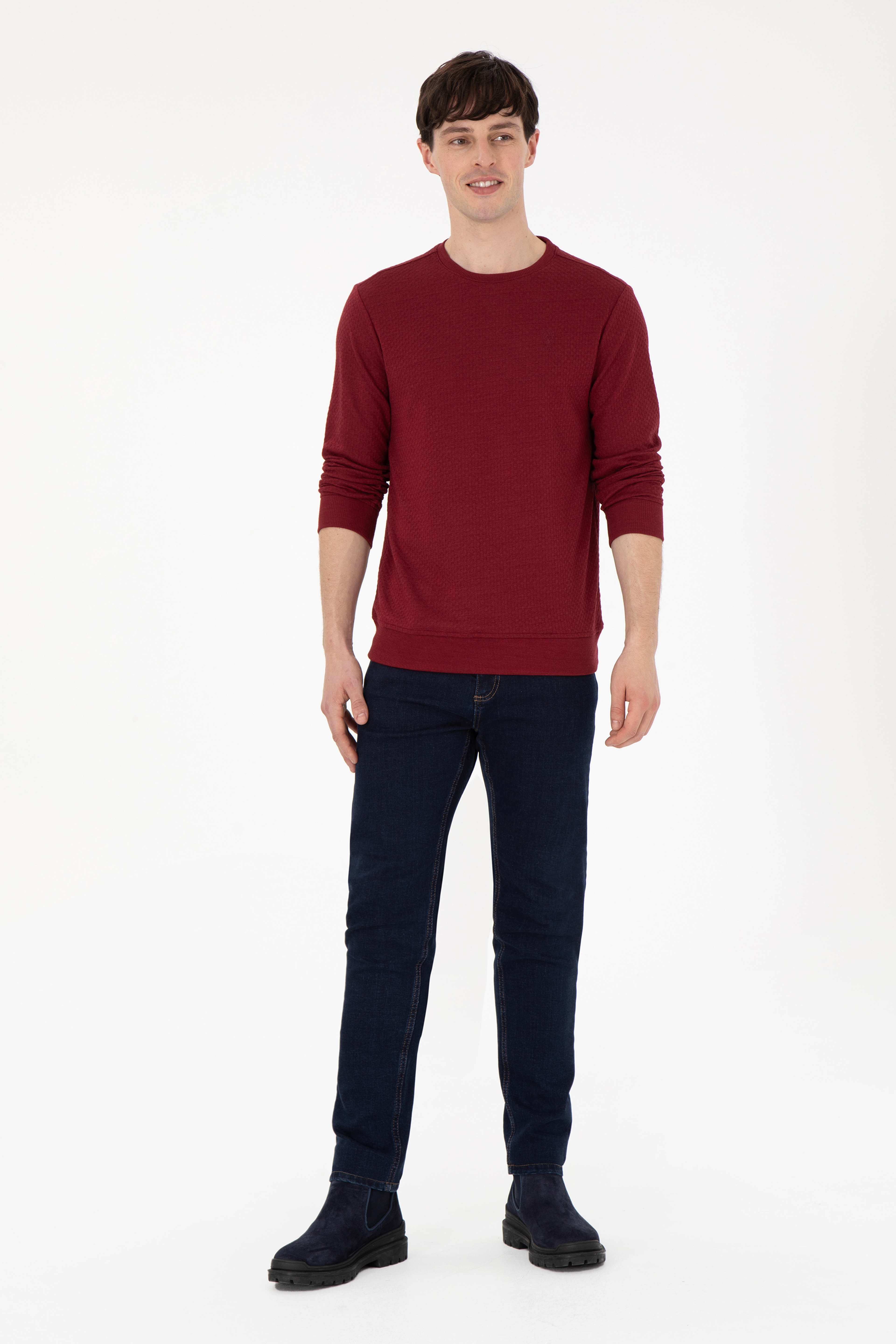 Erkek Regular Fit Bisiklet Yaka Bordo Sweatshirt - Image 4