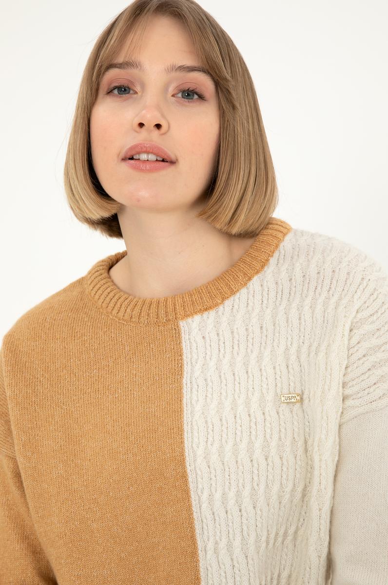 Kadın Camel Melanj Bisiklet Yaka Kazak