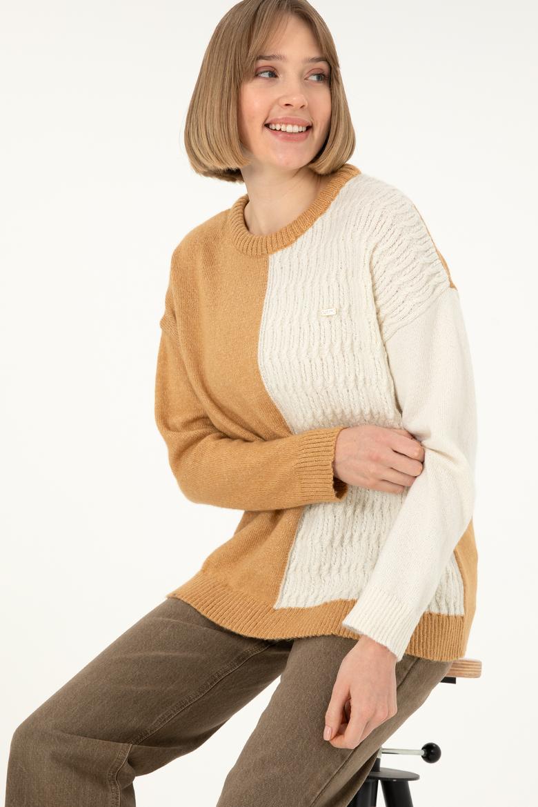 Kadın Camel Melanj Bisiklet Yaka Kazak